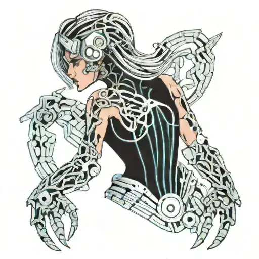 woman with mechanical scorpion tail wearing corset tattoo design idea