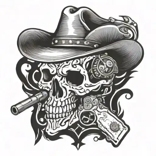 cowboy skull with revolver gun tattoo design idea