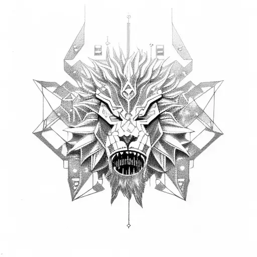 celestial lion with cyberpunk fangs bites an androgenus devil with steampunk horns tattoo design idea