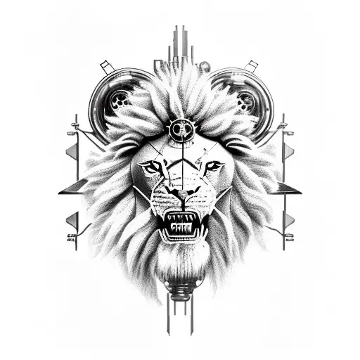 celestial lion with cyberpunk fangs bites an androgenus devil with steampunk horns tattoo design idea