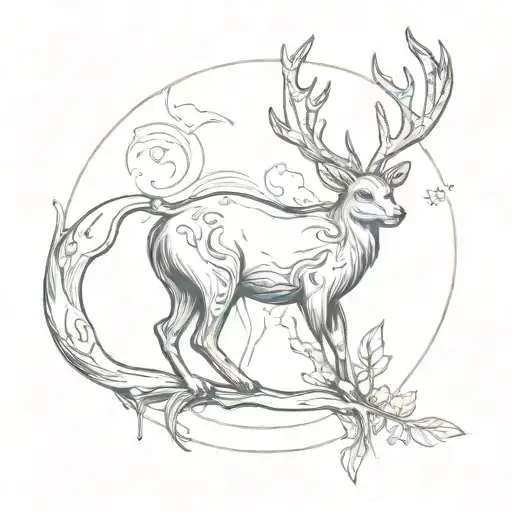 Black Cat with Deer Antlers holding up a crescent tattoo design idea
