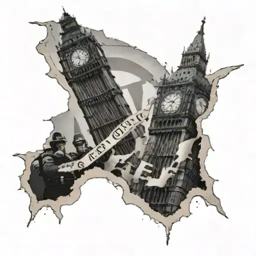 London in ruins, Big Ben in the background with a big banner on it with the letters "W E F" and some police in riot suit tattoo design idea