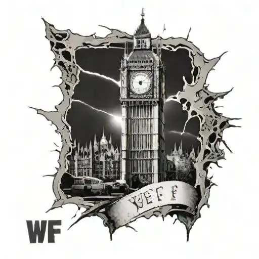 London in ruines, Big Ben in the background with a big banner on it with the letters "W E F" and some police in riot sui tattoo design idea