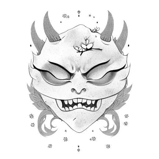 make a picture of a coffin with an oni mask and cherry blossoms with the words "and if you go I want to go with you" in  tattoo design idea