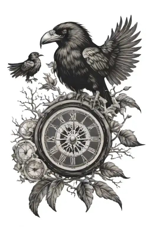 clock, compass, crow perched, tree of life tattoo design idea