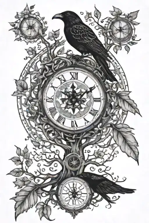 tree of life, crow, compass, clock tattoo design idea