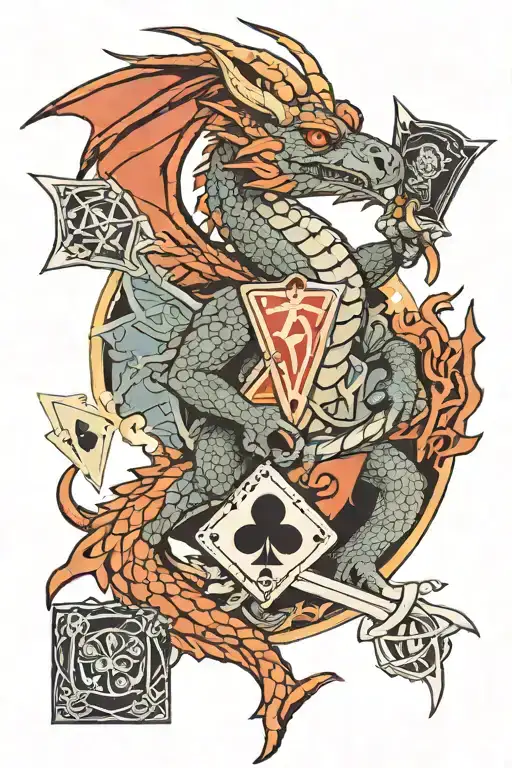 Celtic dragon with d20 dice and fan of playing cards, sword tattoo design idea