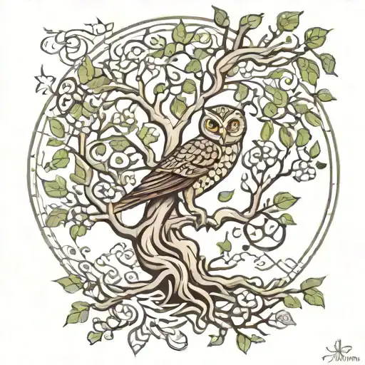 Nordic style tree of life with an owl nesting in the tree and use knotwork for the rest. full arm sleeve please tattoo design idea