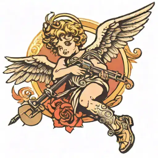 Cupid flying with little horns and a halo holding a AK-47 tattoo design idea