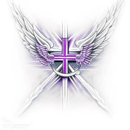 purple cross with wings tattoo design idea