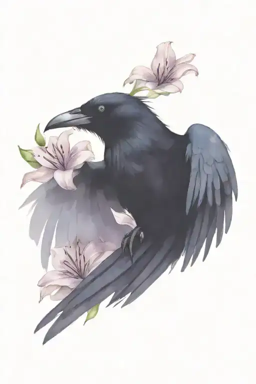 elegant black raven holding a lily tattoo design idea
