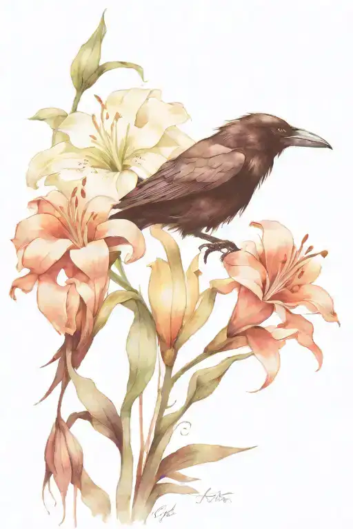 Elegant raven holding a lily tattoo design idea