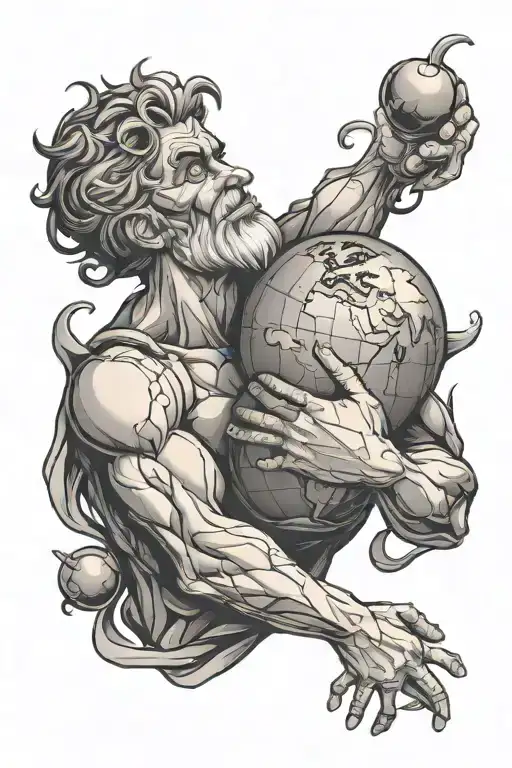 atlas holding the world, but the world is replaced with 3 cartoon hearts tattoo design idea