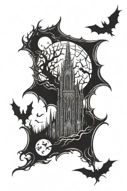 Bloodborne themed full sleeve style tattoo featuring a full moon at the top, a detailed gothic cathedral tattoo design idea