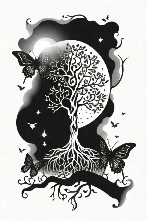 Tree of life moon and butterfly  tattoo design idea