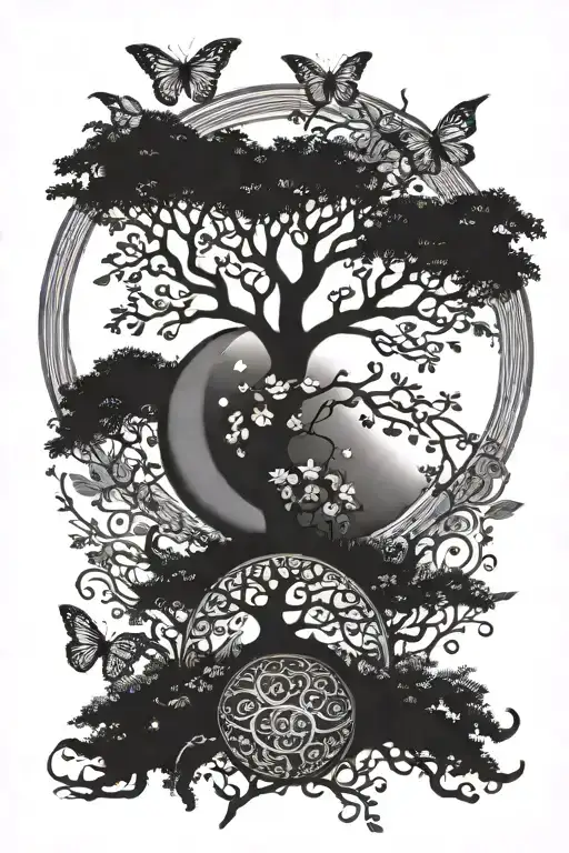 Tree of life moon and butterfly  tattoo design idea