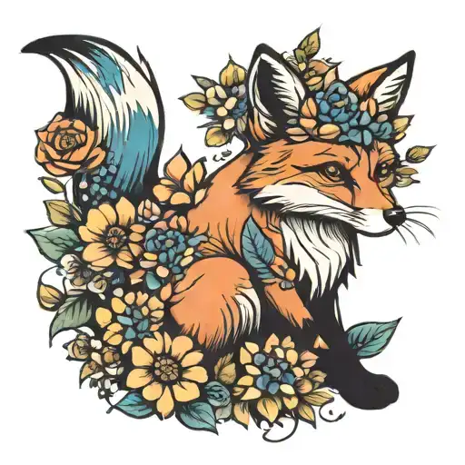 Fox with flowers tattoo design idea
