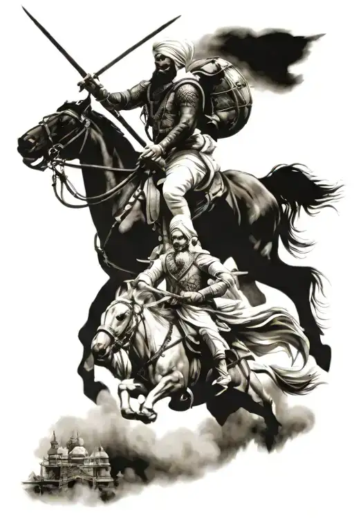 Sikh warriors riding into battle with a temple behind them  tattoo design idea