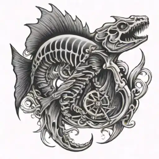 fish skeleton fishing hook tattoo design idea