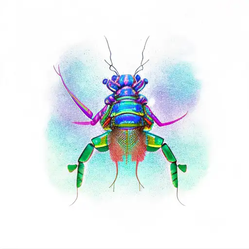 cartoon rainbow mantis shrimp wearing thanos' glove. side profile  tattoo design idea