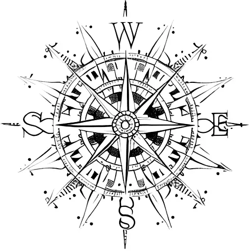 A compass rose with intricate dotwork detailing, surrounded by a constellation of Gemini tattoo design idea