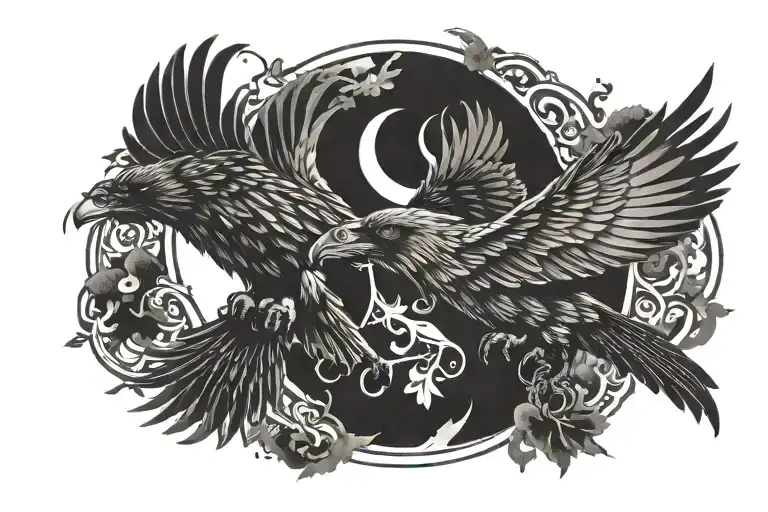 Odin's ravens Huginn and Muninn flying tattoo design idea