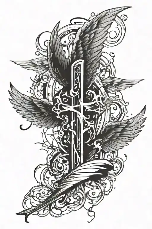 Broken sword with wings on the sides spine tattoo. In the broken pieces make it say gods got this.  tattoo design idea
