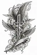 Broken sword with wings on the sides spine tattoo. In the broken pieces make it say gods got this.  tattoo design idea