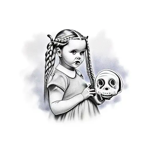Wednesday Adams as a baby with braided pig tails high up on her head and she is holding a baby's bottle with a skull on  tattoo design idea
