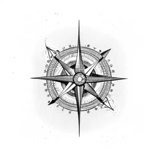 A dotwork tattoo of a compass rose with a fishing hook as the central design element tattoo design idea