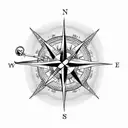 A dotwork tattoo of a compass rose with a fishing hook as the central design element tattoo design idea