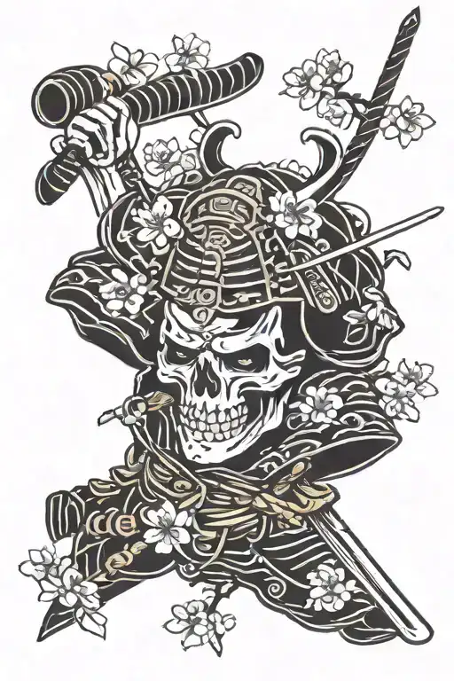 skull samurai and cherry blossoms falling tattoo design idea