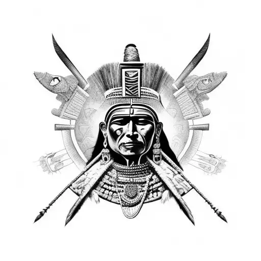 aztec mural , warrior , dead chief kissing, walls , pyramid cougar princess,  powerful , culture tattoo design idea