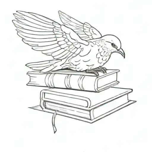 fine line tattoo of a Dove with a halo above its head peacefully sleeping on small stack of books make it minimalistic tattoo design idea