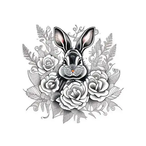 Intricate design depicting a bunny surrounded by vines and flowers tattoo design idea