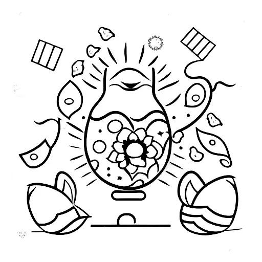 A minimalist tattoo of a Russian nesting doll surrounded by cards and flowers tattoo design idea