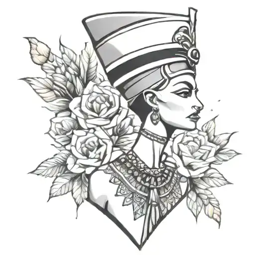 nefertiti, flowers,  tattoo design idea