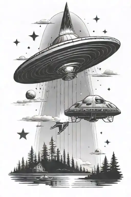 ufo that is elevating up a human and dog using the bare arm as the beam coming down, on lake, with trees, stars tattoo design idea