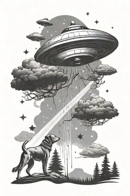ufo that is elevating up a human and dog using the bare arm as the beam coming down, on lake, with trees, stars tattoo design idea