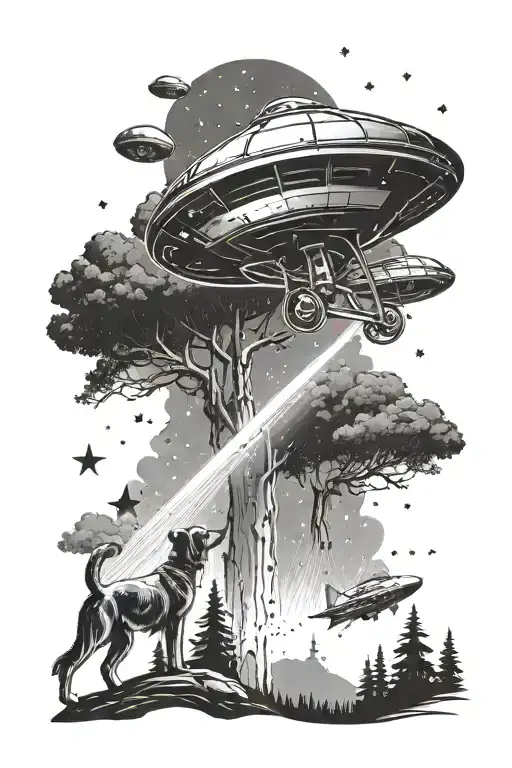 ufo that is picking up a human and dog using the bare arm as the beam coming down. lake, space, trees, stars tattoo design idea
