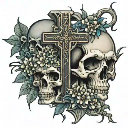 A cross seperating skulls under neath and above the top half is wind funnels and blosums on a vine tattoo design idea
