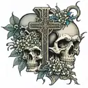 A cross seperating skulls under neath and above the top half is wind funnels and blosums on a vine tattoo design idea