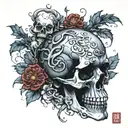 A cross seperating skulls under neath and above the top half is wind funnels and blosums on a vine tattoo design idea