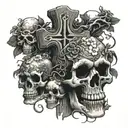 A cross seperating skulls under neath and above the top half is wind funnels and blosums on a vine tattoo design idea