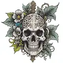 A cross seperating skulls under neath and above the top half is wind funnels and blosums on a vine tattoo design idea