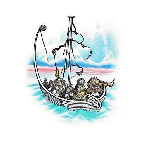 Kirbys with Viking helmets in a viking ship sailing to valhalla tattoo design idea