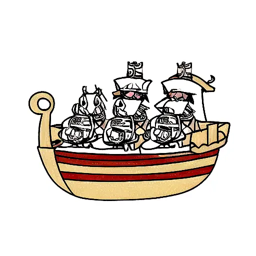 Kirbys with Viking helmets in a viking ship sailing to valhalla tattoo design idea