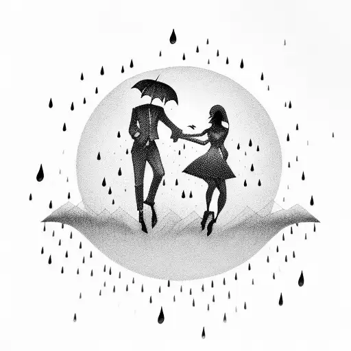 dancing silhouettes in the rain, at night, full moon tattoo design idea