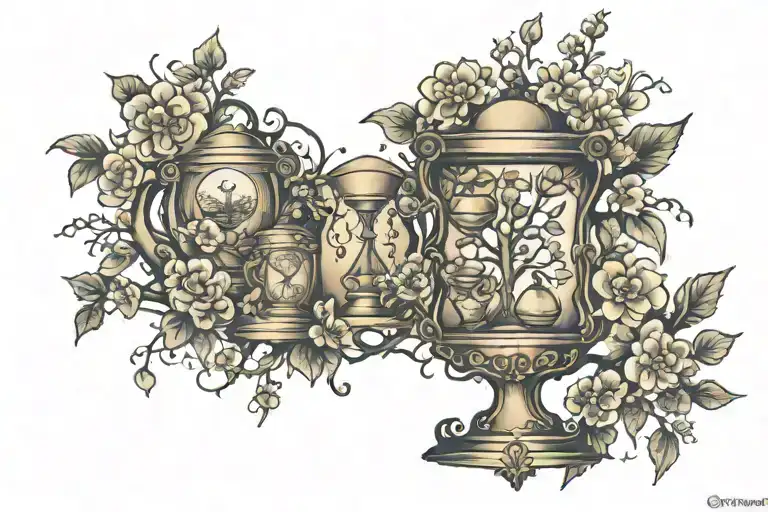family tree with hourglass and  flowers  tattoo design idea