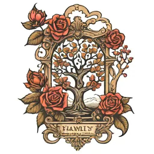 family tree with hourglass and  flowers  tattoo design idea